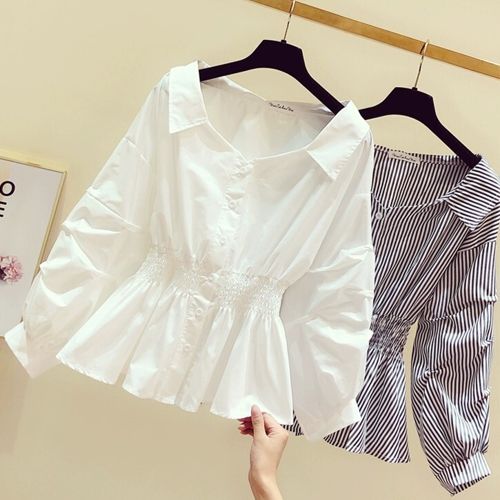 トップス シャツ 長袖 Vネック 襟付き フレア ウエストマーク 前開き 薄手 かわいい 大人可愛い きれいめ シンプル 大人 上品 おしゃれ 大人可愛い 大人女子 こなれ感 ラブリー キュート