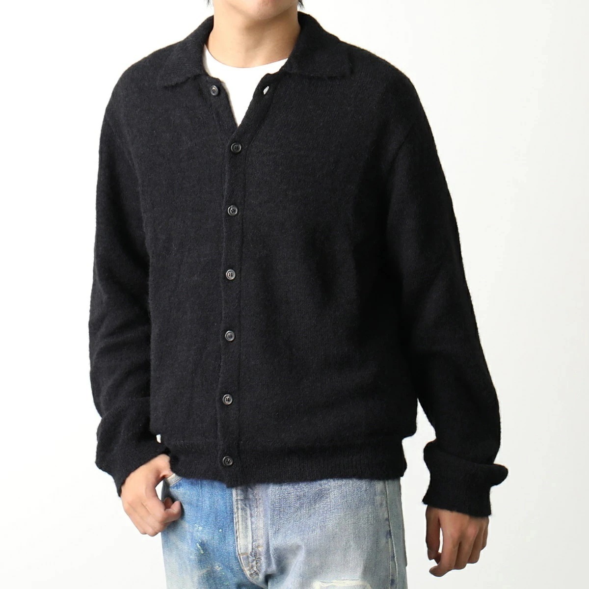 OUR LEGACY アワーレガシー カーディガン EVENING POLO イブニング ポロ M4213ECFSE メンズ ウール混 アルパカ混 長袖 ニットポロシャツ BLACK-FUZZY