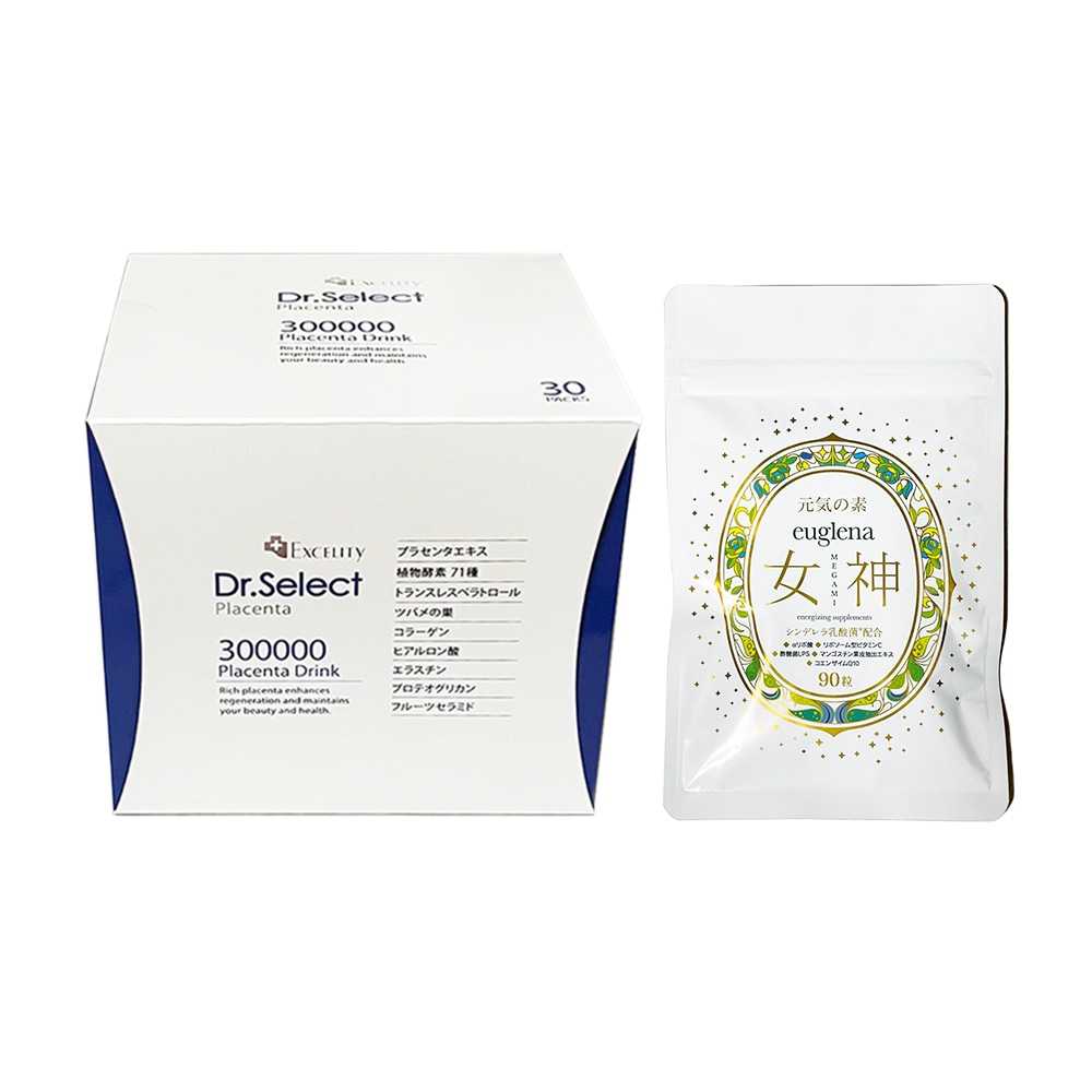 お得セットユーグレナ女神90粒＋300000プラセンタスマートパック　1箱30個入り　 【正規品保障】 　箱付き未開封　Dr.Select 300000プラセンタドリンクスマートパックプラセンタ配合