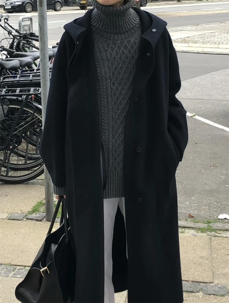 韓国ファッション ギャザリング カジュアル 単体ボタン ロング ファーコート コート スリム 気質 フード付き 大人気