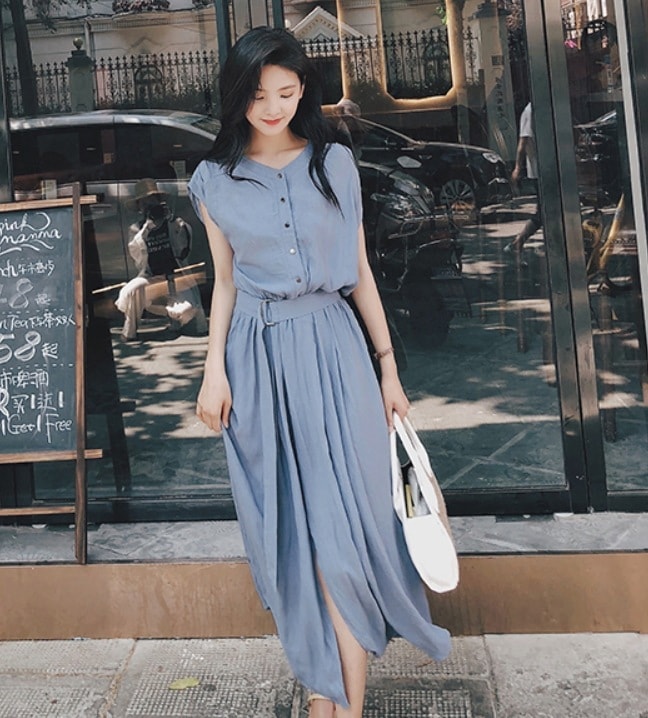 ワンピース デート モテアイテム シャツワンピース フレアワンピース ロング丈 半袖 ウエストマーク コットン 可愛い きれいめ 上品 おしゃれ かっこいい 可愛い ラブリー キュート