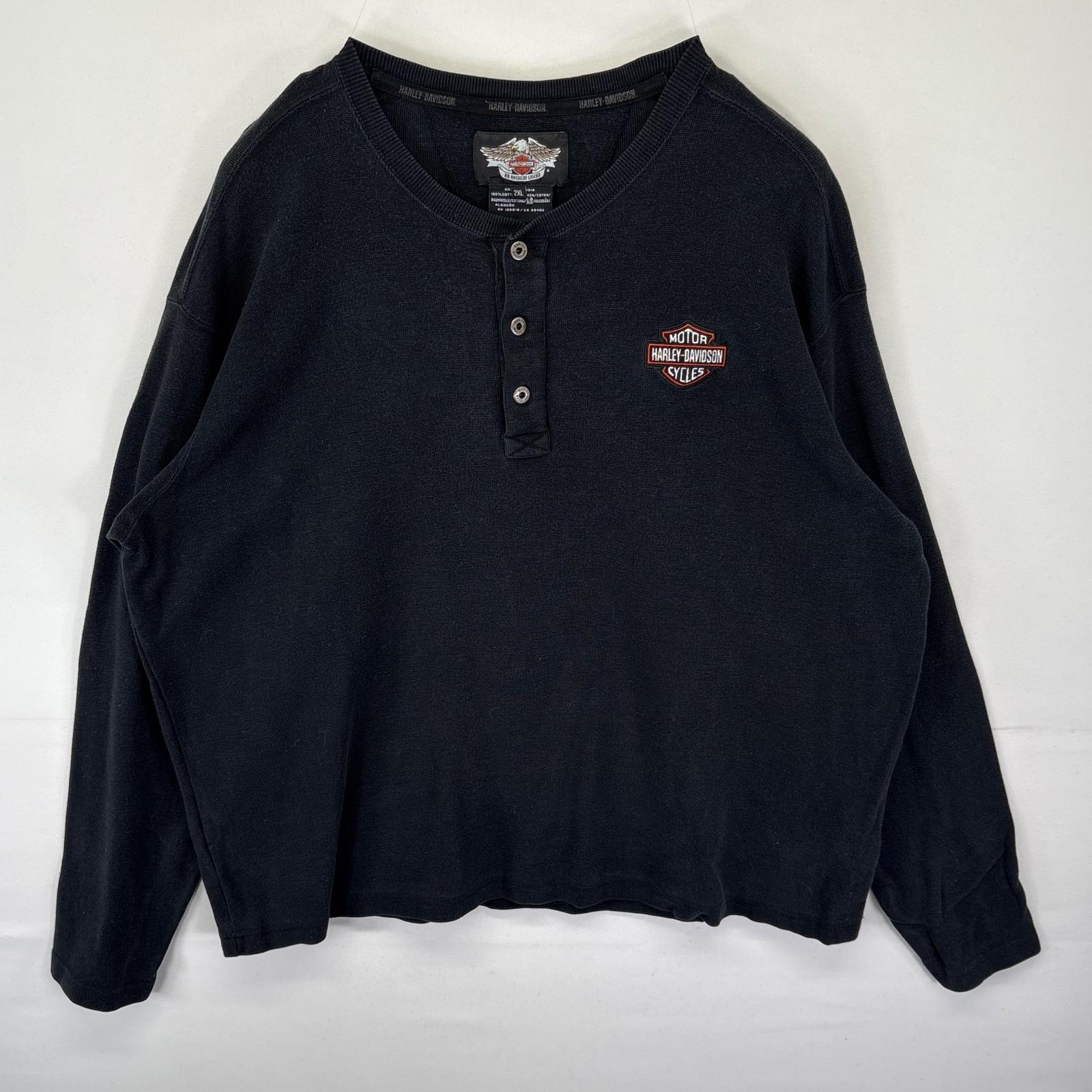古着 長袖Tシャツ ロンT ハーフボタン 刺繍ロゴ 大きいサイズ XXL ブラック メンズ