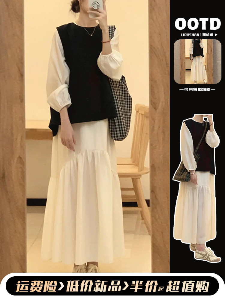 プチフレンチロングスリーブドレスサブ初秋2023新しい女性の茶摩耗薄いロングスカートセット