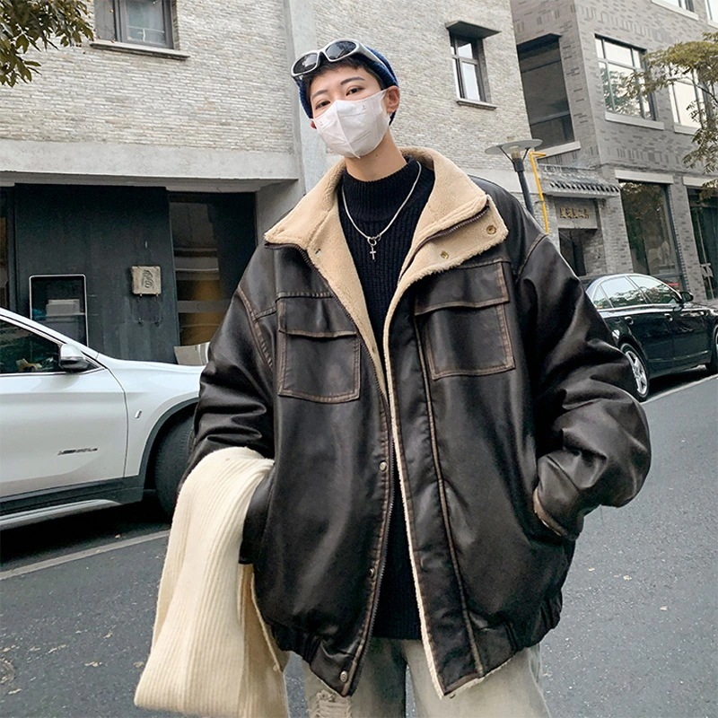 【急速出荷!】ファーオールインワン中綿ジャケットメンズパイロットジャケット冬アメリカンレトロラムベルベット厚手バイク中綿コート