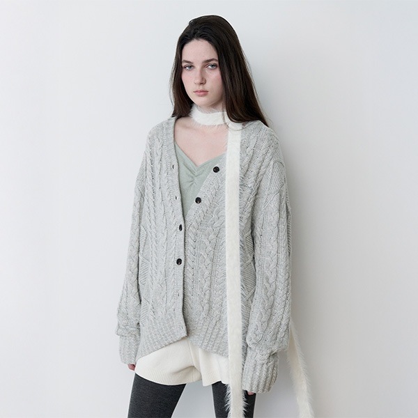 V NECK CABLE LOOSE FIT CARDIGAN GRAY
