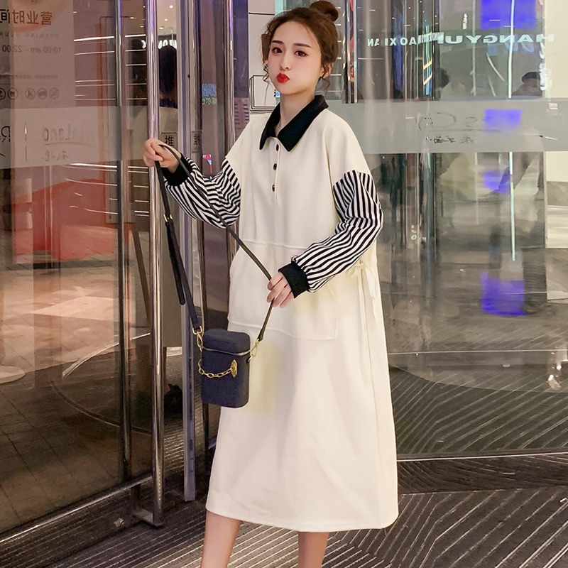 【送料無料】マタニティ ワンピース バイカラー ボーダー 長袖 ポケット カンガルーポケット