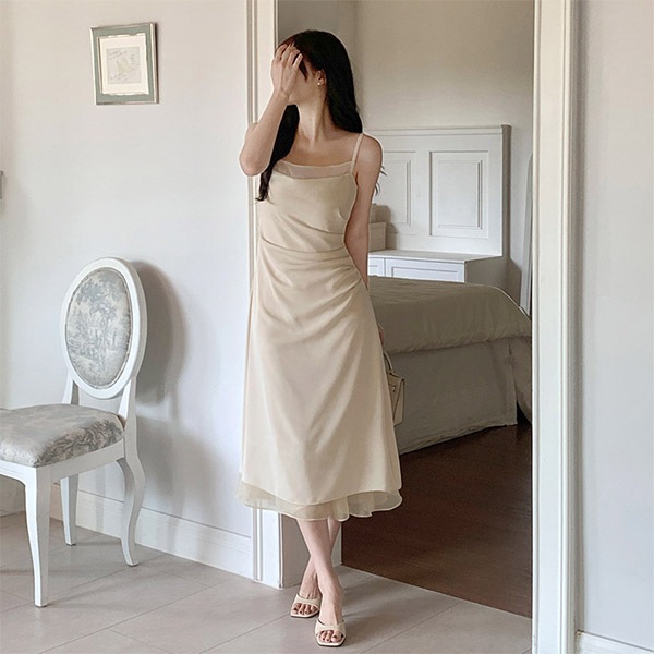 （セルフウェディングコーデ／MDおすすめ）イブニング サテン ノースリーブ シャーリング ロングワンピース op16066