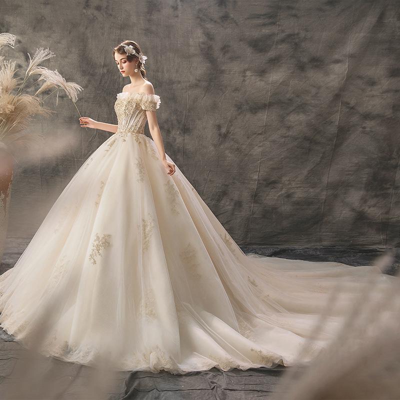 ウェディングドレス シャンパン 二次会 結婚式 披露宴 ブライダル ロングドレス オフショルダー 花嫁 ウエディングドレス プリンセスライン 編み上げ ゴールド