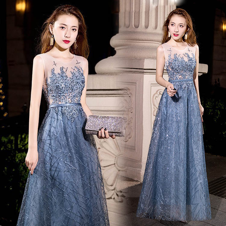 イブニングドレス ブルー ネイビー ロングドレス レース 花柄 発表会ドレス 演奏会ドレス ノースリーブ ロング Aライン 結婚式ドレス 二次会ドレス パーティードレス XS S M L XL XXL