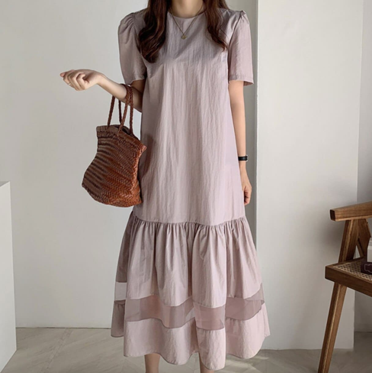 ワンピース ティアードワンピ Aライン フレア 半袖 パワーショルダー膝丈 クルーネック シアー 透け感 フェミニン 大人可愛い かわいい シンプル 春 夏 おしゃれ 学生 デート ピンク ブラック 5,401円