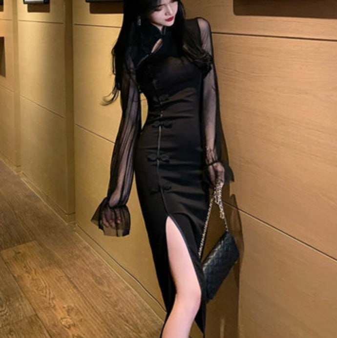 ワンピース レディース ミモレ 長袖 チャイナ風 シアー スリット かわいい 大人可愛い きれいめ シンプル カジュアル 大人 上品 おしゃれ 無地 春 夏 学生 デート イベント パーティ ブラック