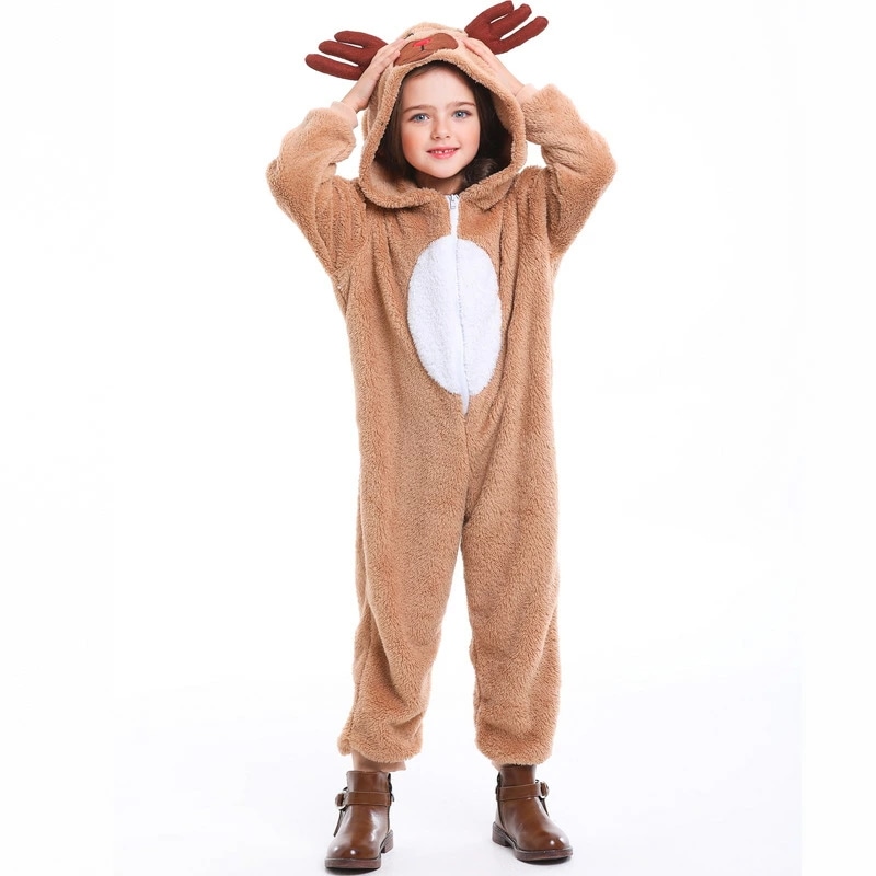 クリスマス衣装 子供服 女の子 サンタ衣装 トナカイ 鹿耳フード付き オールインワン 着ぐるみ 長袖 ブラウン ふわふわ コスプレ コスチューム 仮装 演出服 パーティーグッズ キッズ こども ベビー