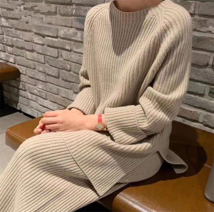 韓国ファッション ロングパンツ 怠惰な風 大人気 ニットトップス スリム 2点セット ラウンドネック