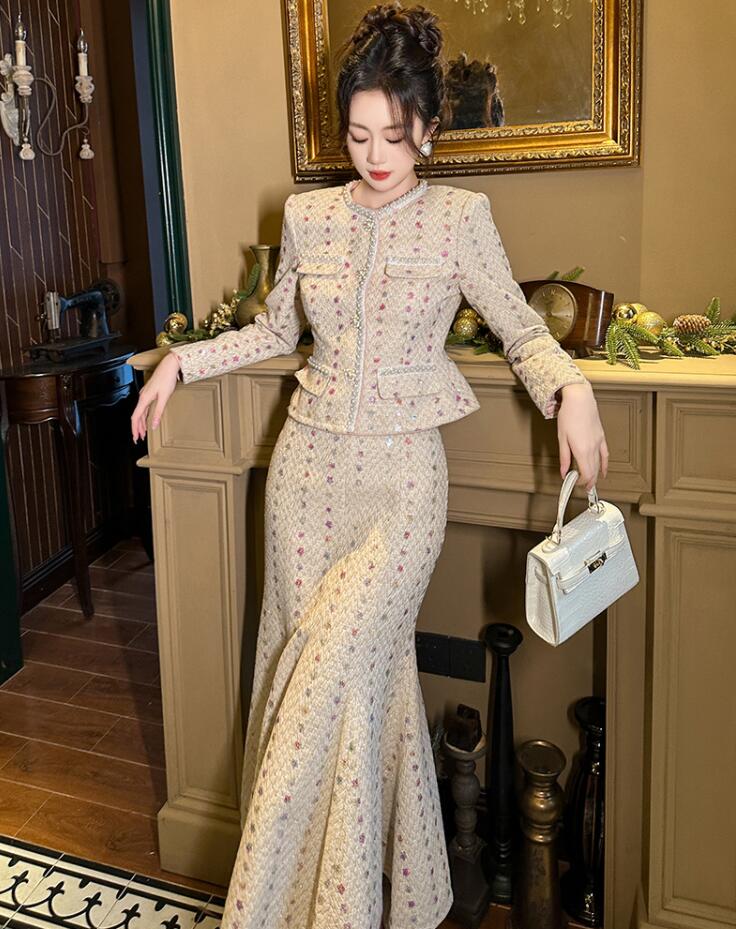 レディース おしゃれ 秋冬 上下セット ２点セット 高級感 上品 キレイめ 秋冬 新作 小柄 シングルブレスト カーキ 小柄 ジャケット＋スカート 通勤 パーティー 宴会 お呼ばれ フィッシュテール 6,613円