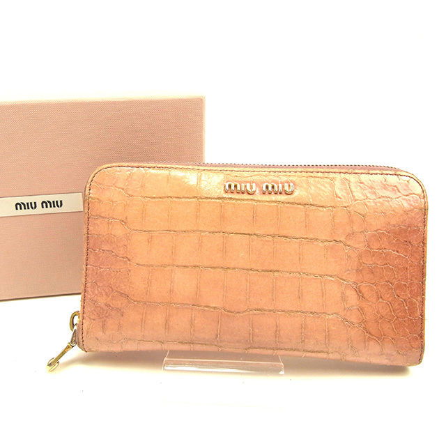 長財布 ラウンドファスナー クロコダイル調 ピンク ゴールド 中古