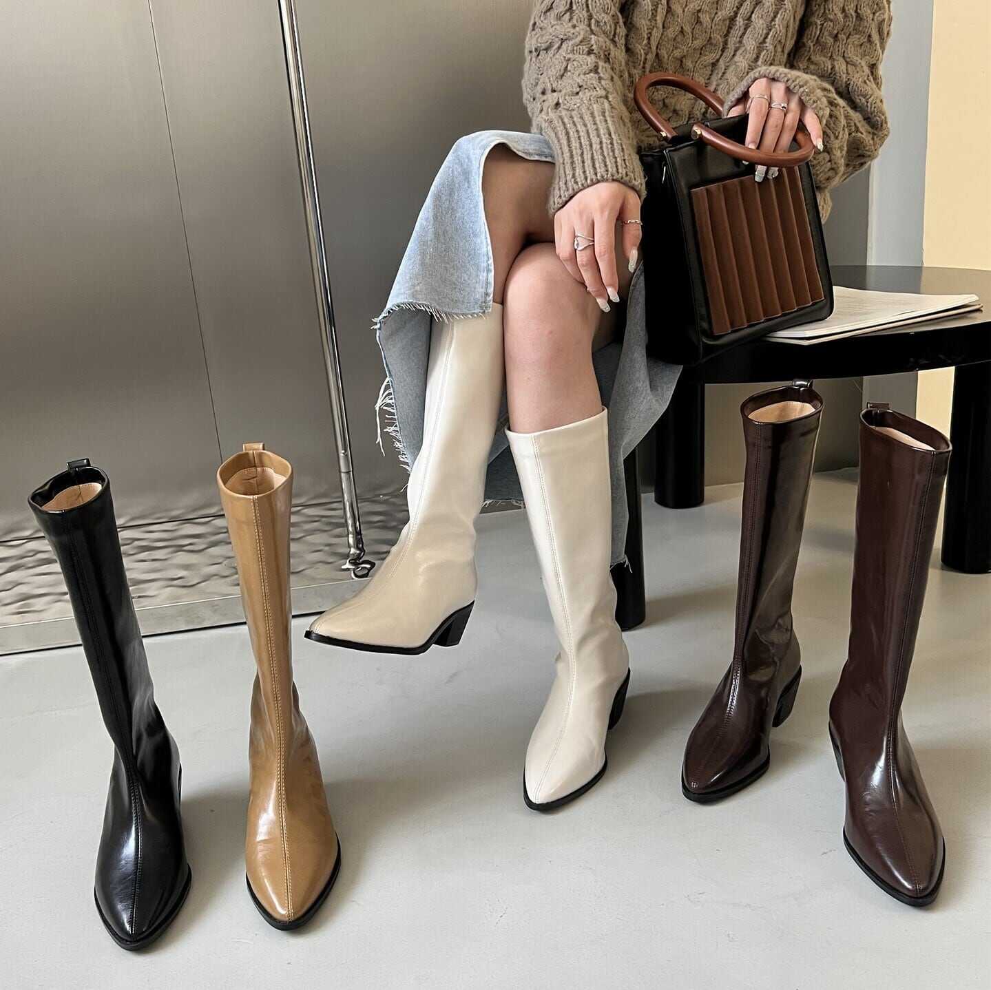 レディース おしゃれ お洒落 人気 安い お得 ロング ブーツ 厚底 太ヒール ポインテッドトゥ PU 韓国 かっこいい カジュアル 大人 可愛い かわいい 流行り 上品 きれいめ