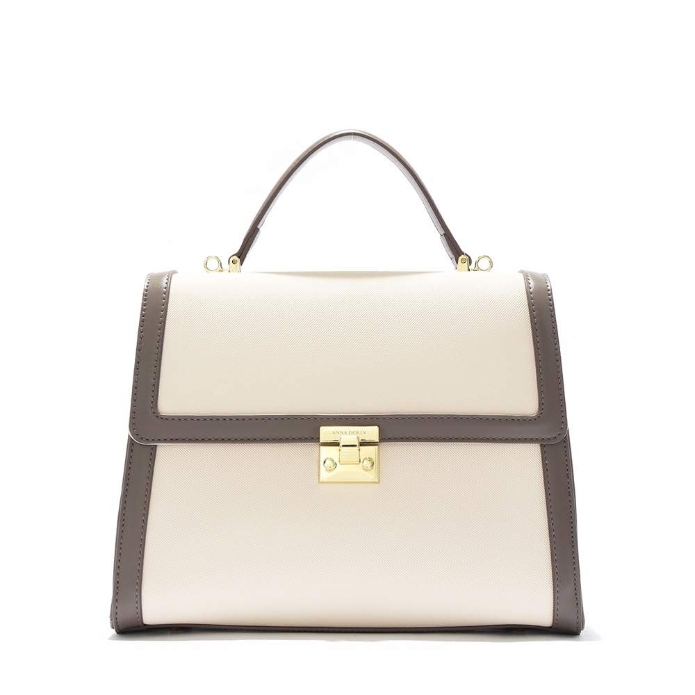 フレンチパイピングハンドバッグ ショルダーストラップ付き グレーアイボリー