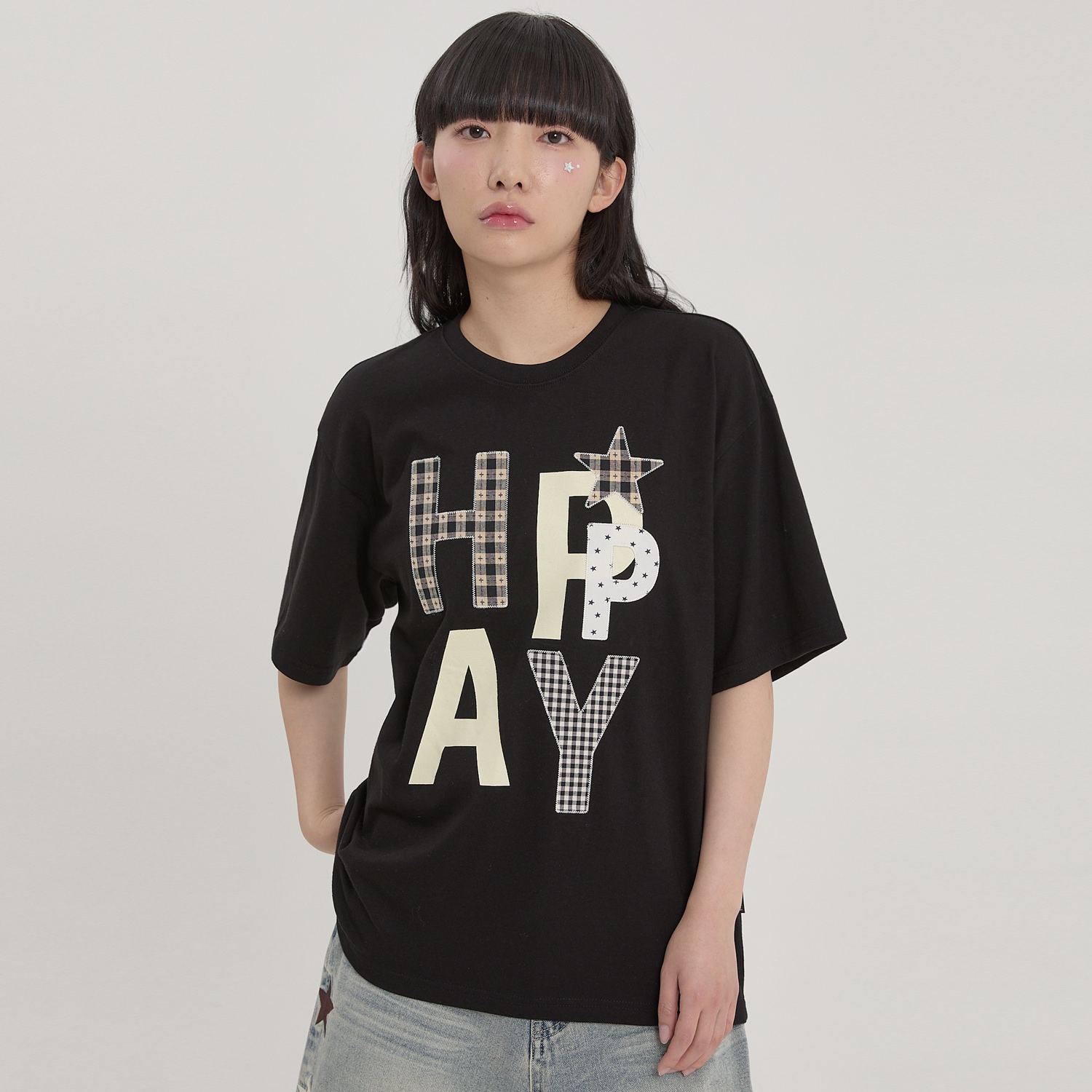 HAPPY Patchwork Half sleeve T-shirt BLACK 5,685円
