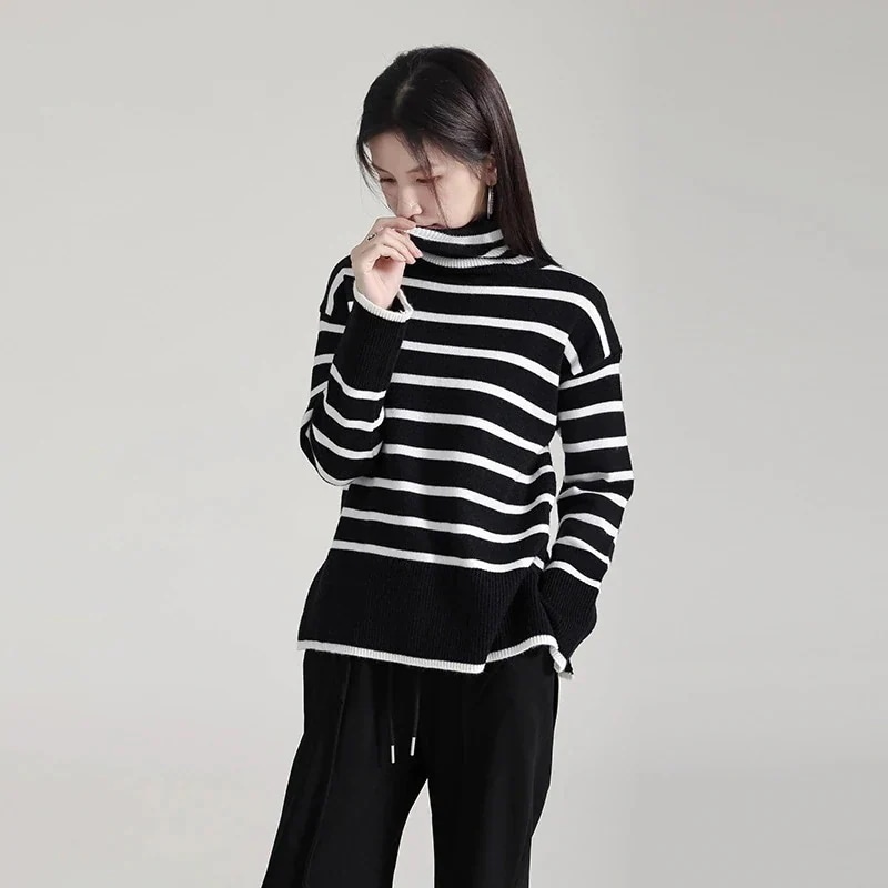 【J.Fashion】 秋 ボーダーシャツ タートルネック ゆったり ニット セーター レディース おしゃれ 関連商品は店で購入可能 メガ割30%までに制限