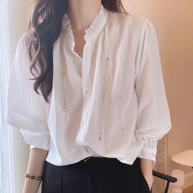 【再入荷予定】今季マストバイ エレガント 無地 シングルブレスト ギャザー 長袖 シャツ