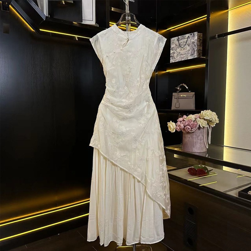 2024年夏用女性用新作チャイナドレス高級気質ロングスカートウエスト痩身アプリコットスカート