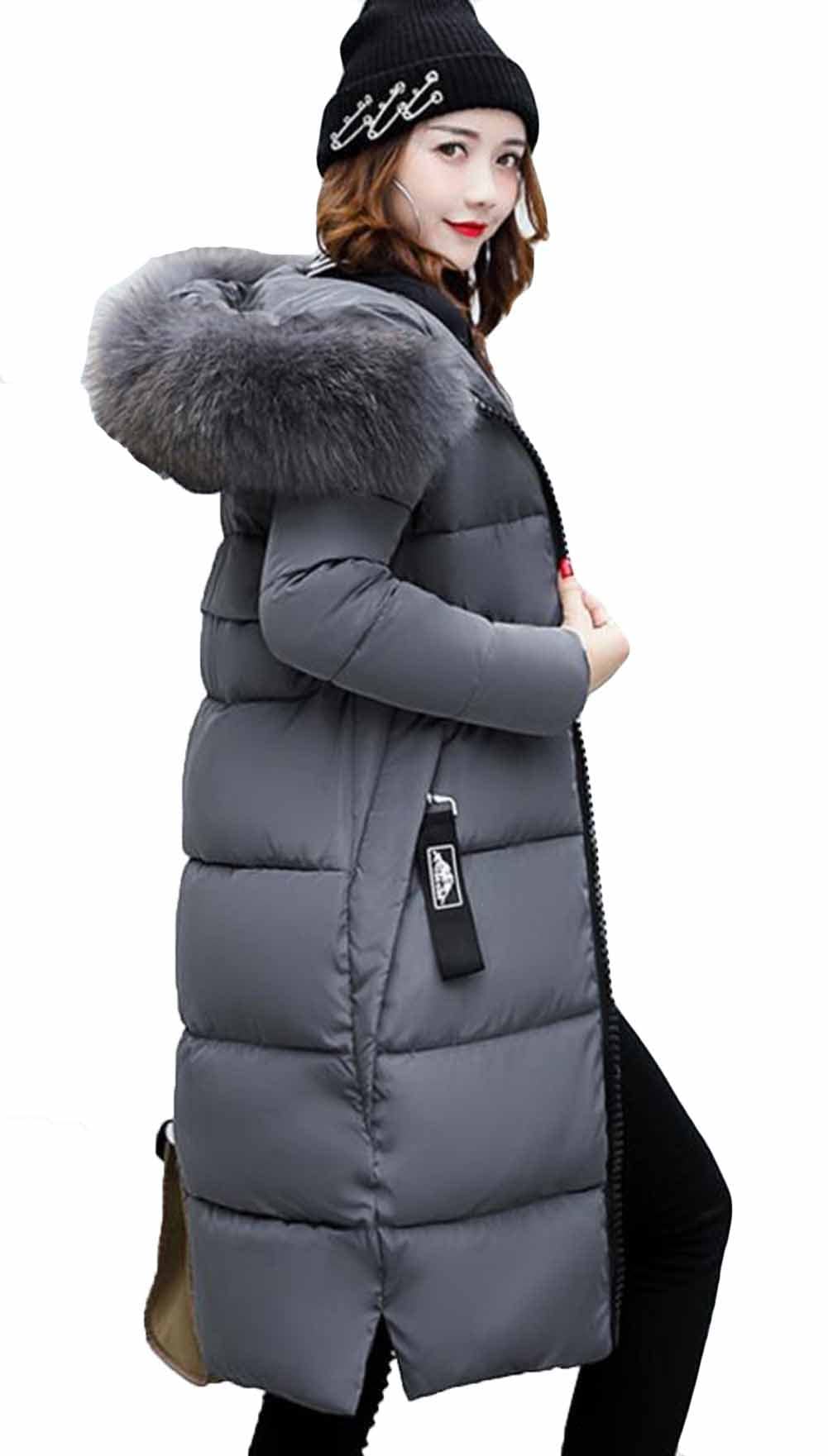 [MengFan] レディース ダウンジャケット 冬 厚手 防寒服 アウトドア ロングコート フードコート 無地 ファー 防風 柔らかい 中綿コート 韓国風 軽量 ファッション 暖かい (2XL, グ