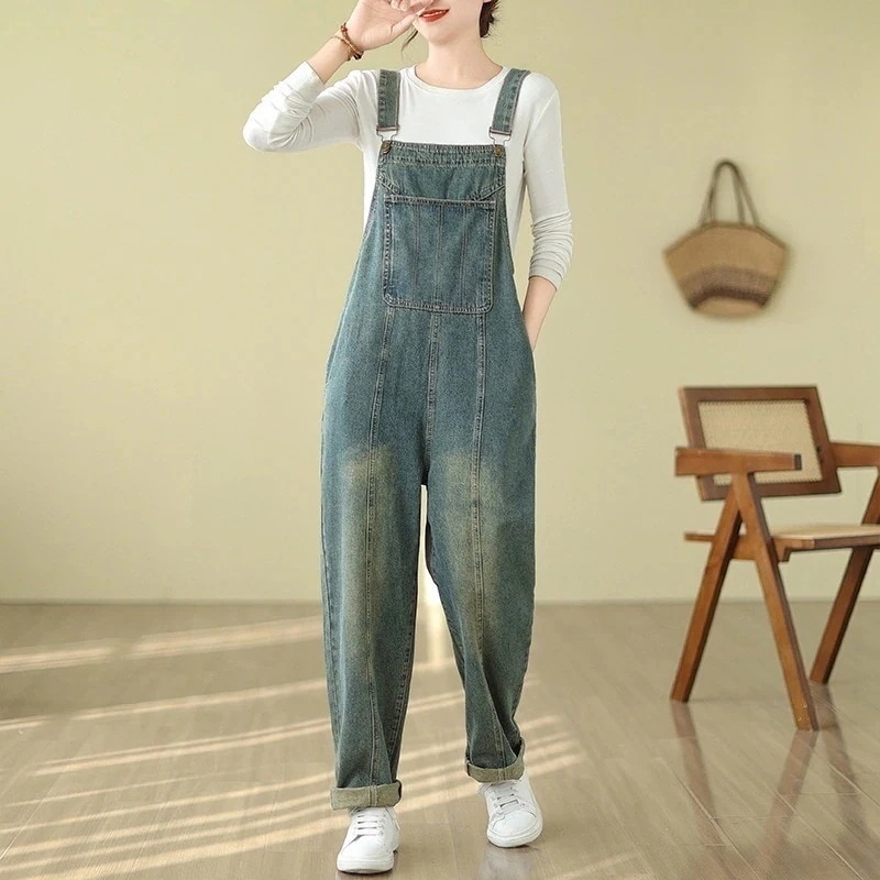 デニムサロペット ライトオールインワンパンツ 新作 2025春 レディース ジーンズ オーバーオール カジュアル レトロ ワイドパンツ
