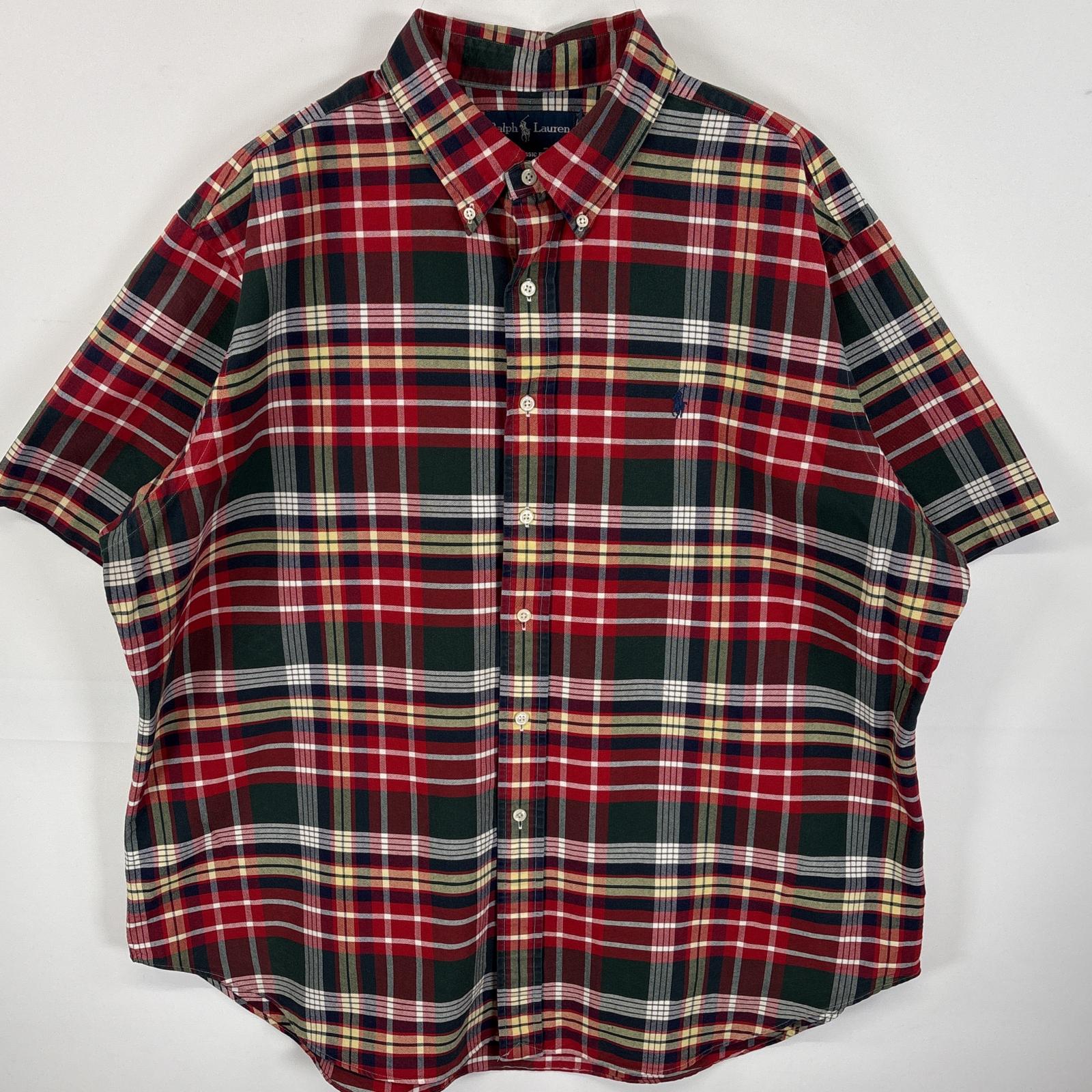 古着 半袖シャツ ボタンダウンシャツ ワンポイント ロゴ 刺繍 オックスフォードシャツ XXL レッド系 チェック メンズ