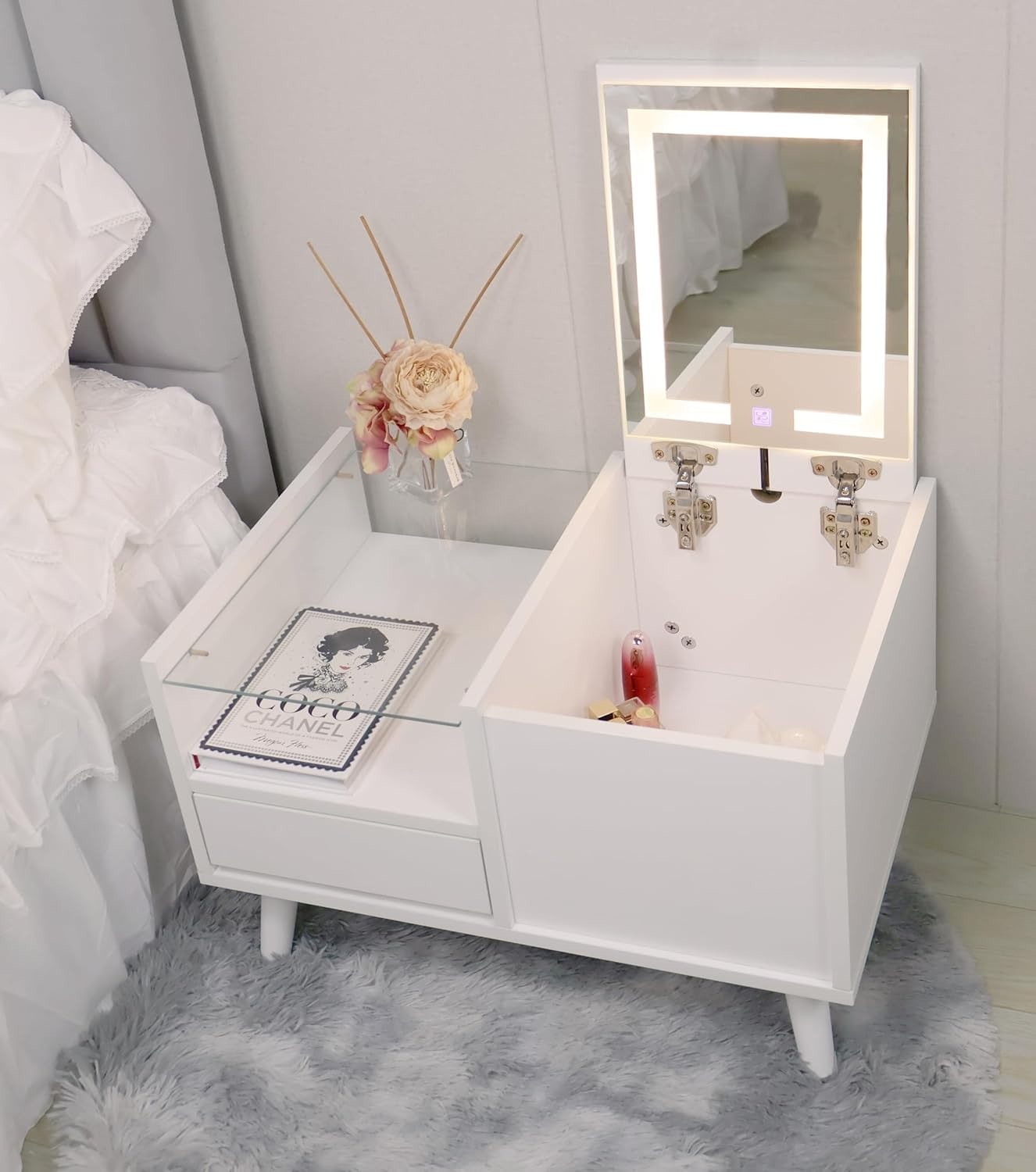 ドレッサーテーブル 収納棚・引出し・LEDミラー付き 強化ガラス 多機能 大容量 木製 幅60cm 組み立て簡単