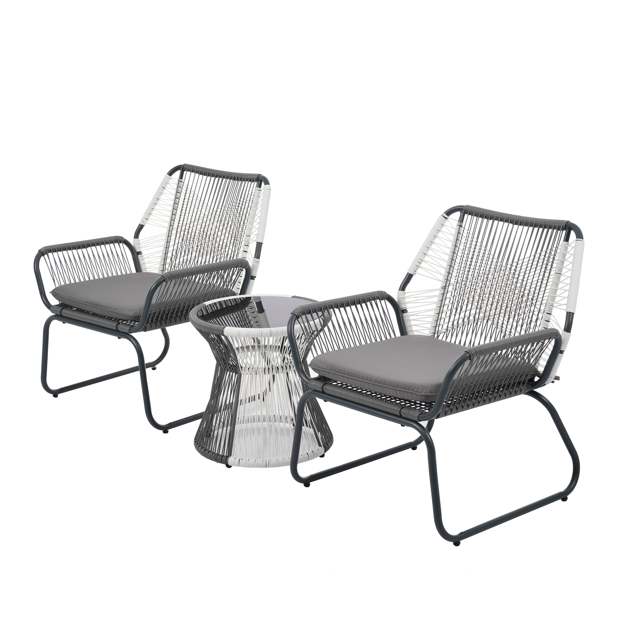 【国内倉庫出荷 即納品】2025新作 ガーデンファニチャー テーブル 3点セット 2脚　ガーデン ベランダ ガーデンチェア セットテーブルセット クッション付 ホワイト×グレー