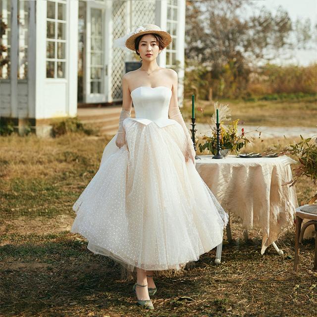 ウェディングドレス ミモレ丈 二次会 花嫁ドレス 結婚式 ドレス パーティードレス Aライン プリンセス おしゃれ 個性的 可愛い ナチュラル カジュアル レトロ クラシカル 大きいサイズ