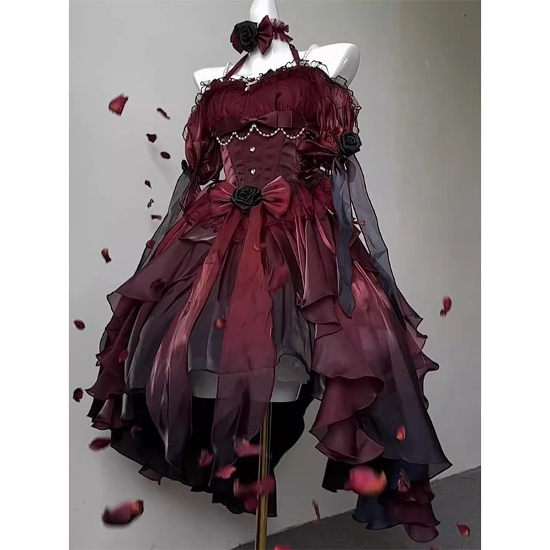 コスプレ 黒と赤のグラデーションフロントショートバックロングフラワーウェディングドレスロリータドレスロリータフワフワプリンセススカートを引きずる