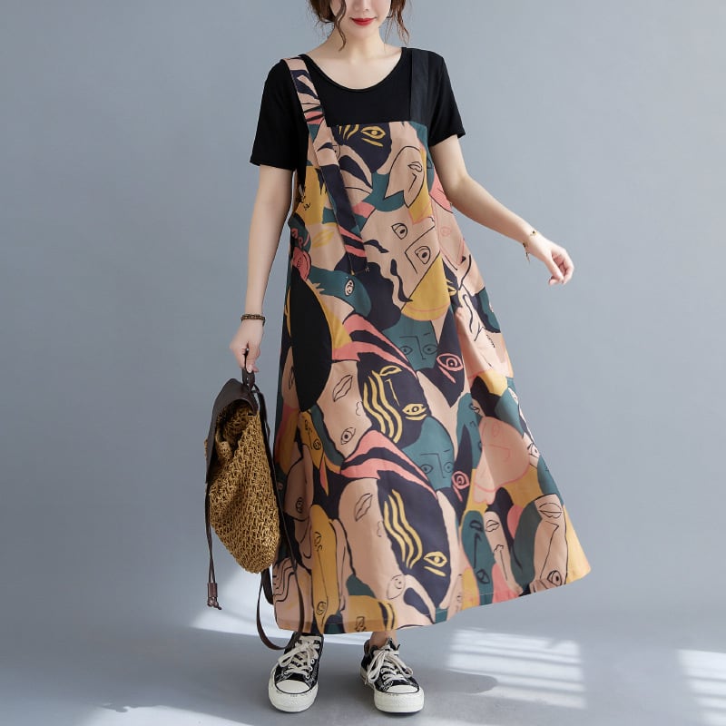 ワンピース 上着 人気 おすすめ おしゃれ お洒落 激安 安い プチプラ 肩出し ノースリーブ スクエアネック ふんわり オーバーサイズ Aライン 柄 プリント 可愛い かわいい 韓国 lo