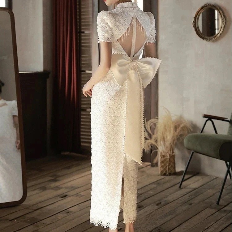 ブライズメイド 高級感 結婚式 ドレス ドレス レース レディース 【ハイエンド製品】 ハンドメイド ワンピース 蝶結び パーティー パール お呼ばれ 結婚式 バックレス パーティードレス ドレス