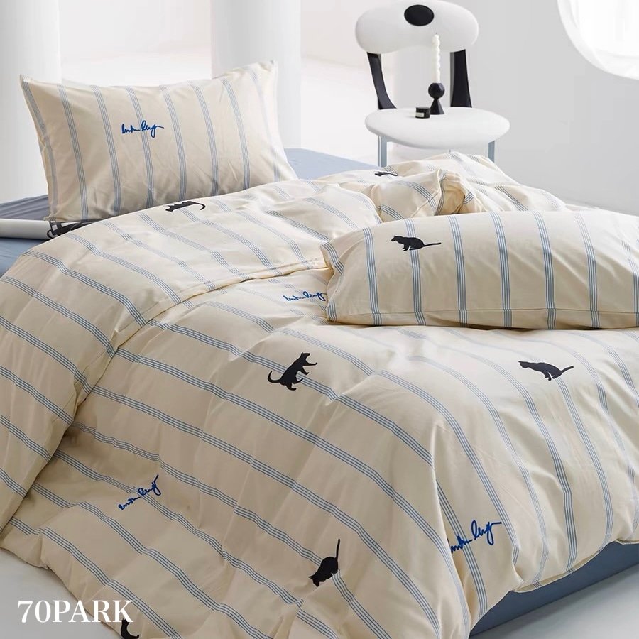 アイボリー キャット ストライプ 布団カバーセット 全2種 ベッドカバー 猫 ベッドシーツ セット ベッドリネン おしゃれ 韓国インテリア 韓国雑貨 韓国っぽ インテリア雑貨