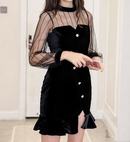 1377.シースルー袖ベルベットドレス（ブラック） 2019 春夏 sale セクシー パーティー お呼ばれ クラブ イベント