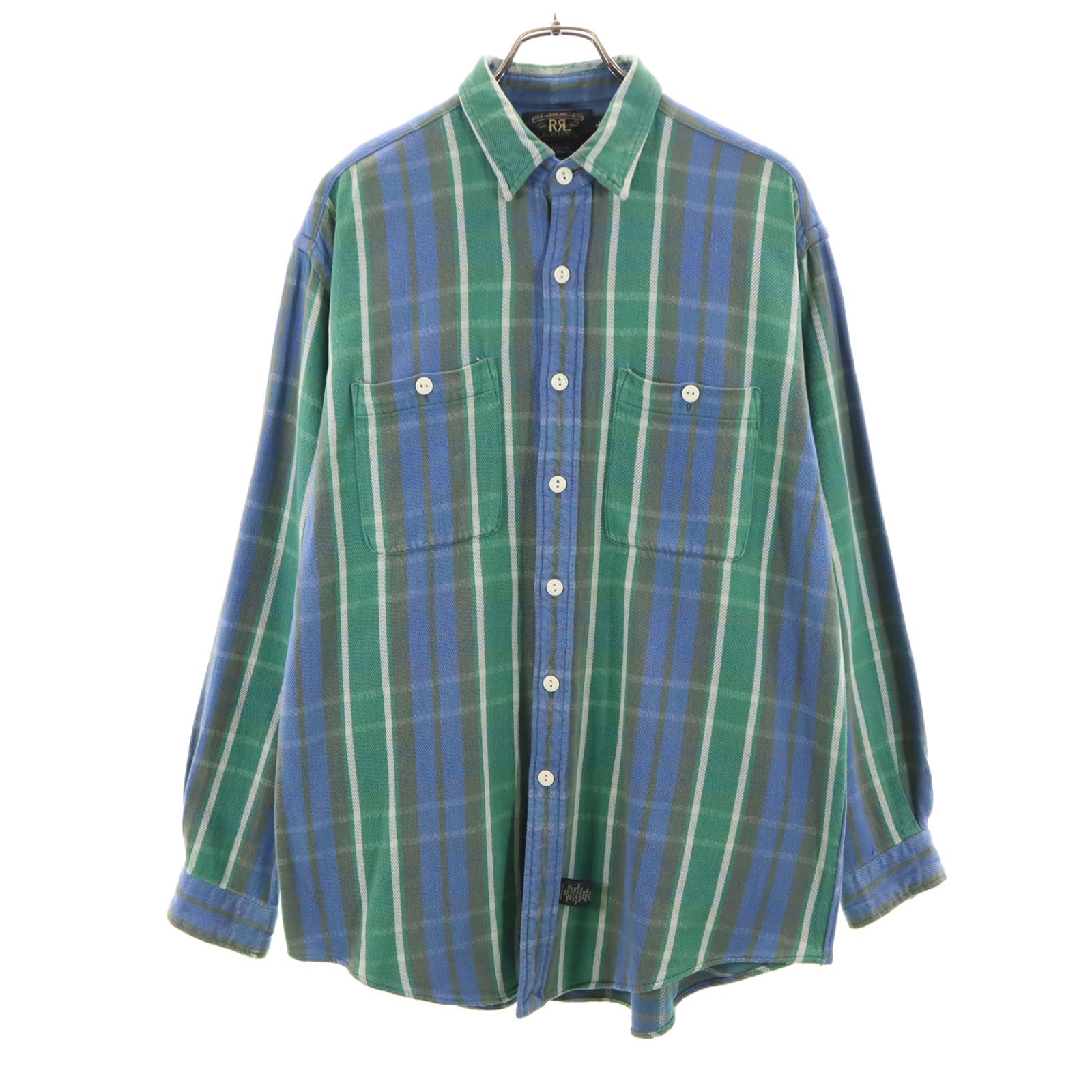 90s 初期タグ 赤3星 オールド チェック柄 長袖 ツイル ワークシャツ L グリーン 他 RALPH LAUREN ラルフローレン メンズ
