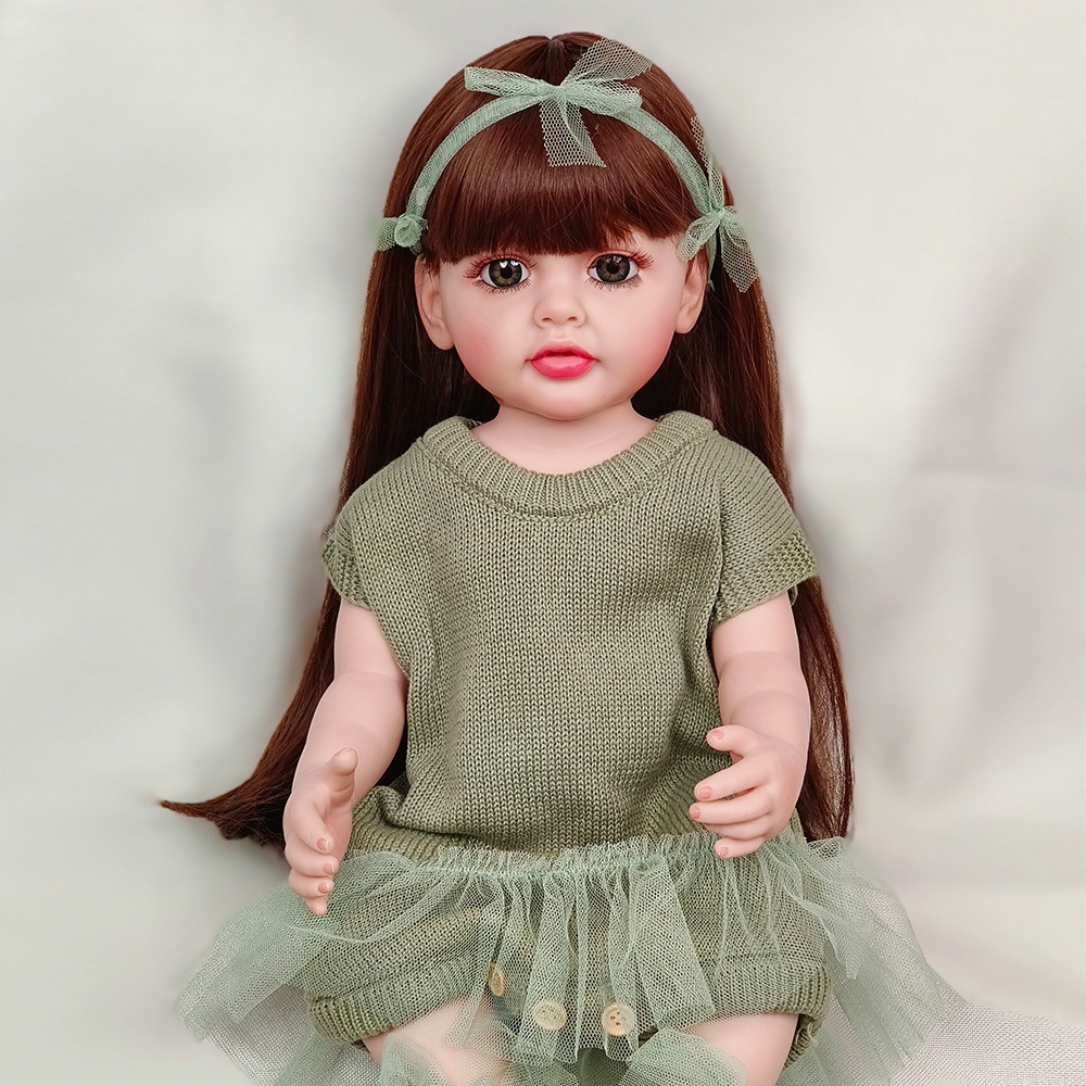 リボーンドール シミュレーションベビー ソフトグルー ロングヘアドール グリーンガーゼドレス 服 水に浸かることができます 人形おもちゃ リトルプリンセス