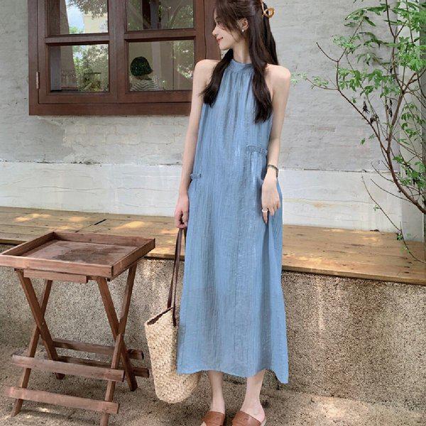 夏の女性ホルターネックAラインノースリーブロングワンピースSDW-OPS-SLL1001952