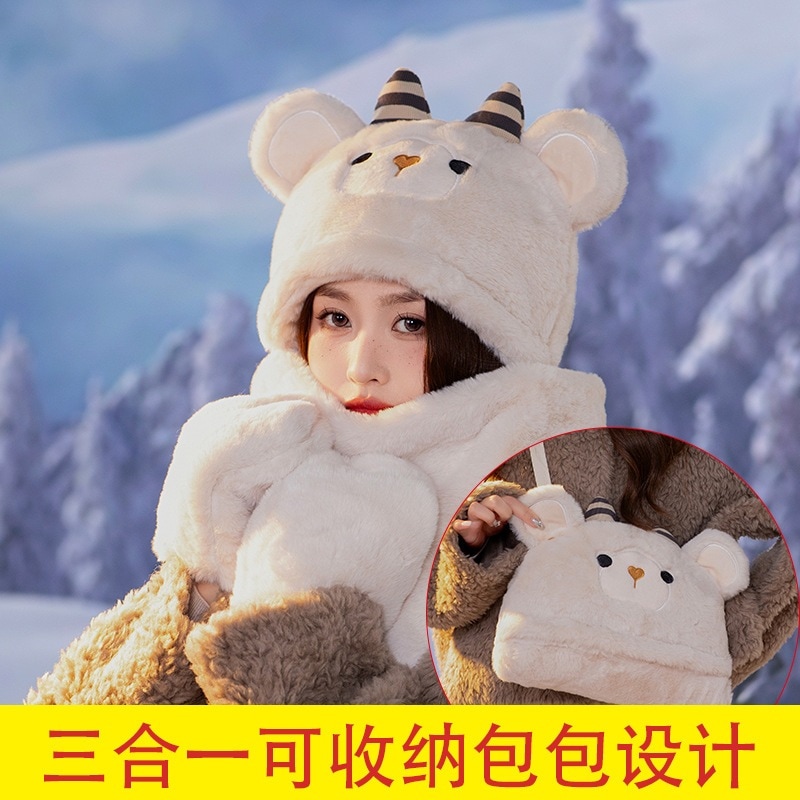 かわいいホーンハットネックスカーフ手袋女性用ワンピースぬいぐるみ帽子冬暖かい耳保護バッグ点セットとして使用可能