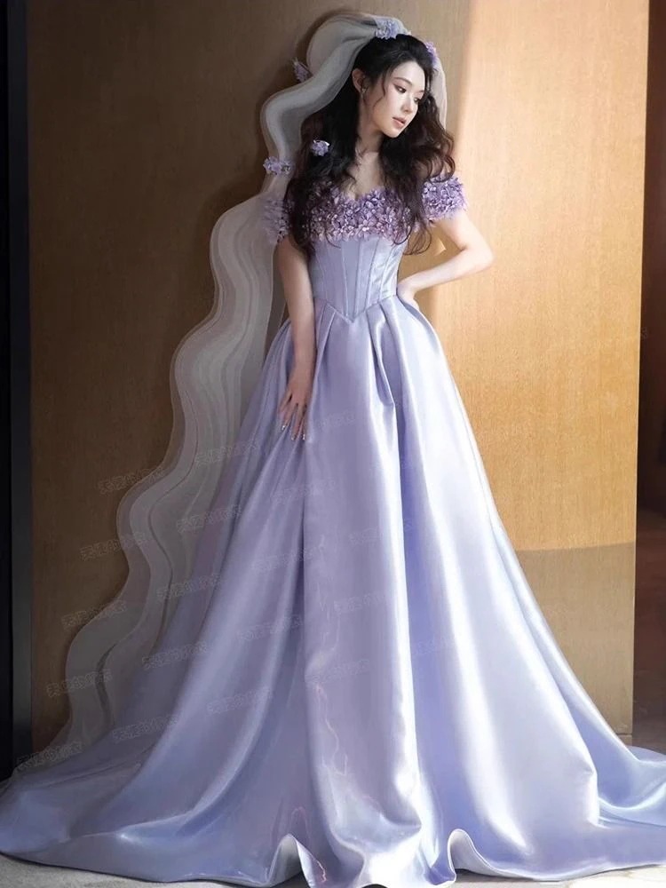 バイオレットフラワーズ朝ローブ花嫁の婚約ドレス女性ウェディングウェディングドレスバースデーディナーディナーホストウェディングドレススーパー