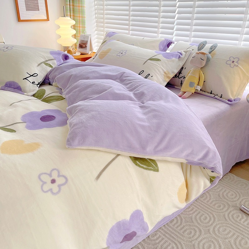 コーランネルベッド4点セット 冬用両面ファライミルクベルベットベッドシーツ点セットプラスベルベット掛け布団カバー 4,559円