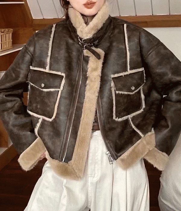 ロングネック ファー スエード ショート ムートン ジャケット