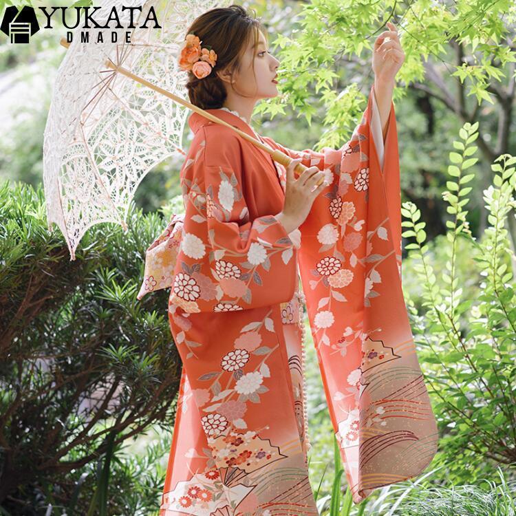 出荷が迅速である 独占販売 浴衣 レディース 花柄 菊水柄 ピンク オレンジ 華やか 花火大会 夏祭り 4点セット ゆかた 巾着袋 足袋 蝶結び帯 レディース レトロモダン スタイル柄 大人 セッ 本