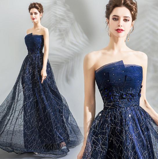 二枚ネイビー スパンコールドレス ドレスカバーあり きらきらロングドレス セレブ風イブニングドレス 星空ロング丈パーティー二次会ドレス 司会ドレス 宴会舞台演出ワンピース ショースタジオ撮影ドレス R