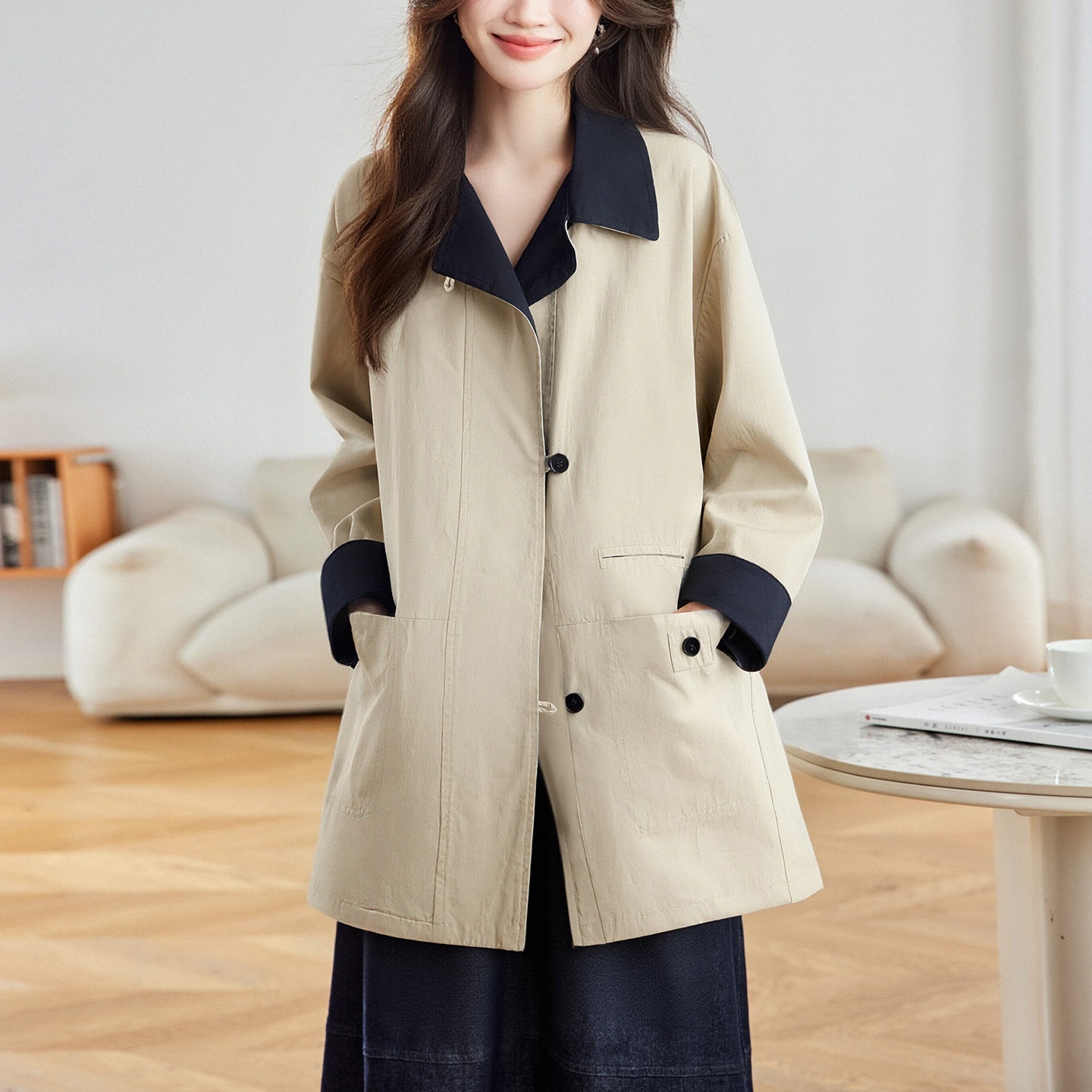 コットンコクーンカーキウインドブレーカー女性のコントラストカラーラペルドロップショルダースリーブ日本作業服トップ 2025 秋カジュアルジャケット