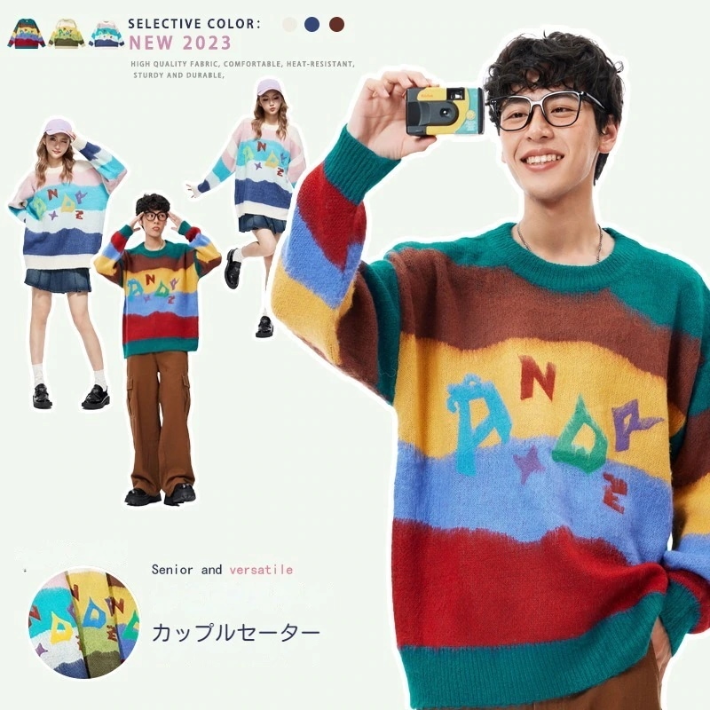 多色ドーパミンスタイル文字ゆるい2024新人気ヒップホップスタイル春夏せラウンドネック トップス長袖ニットセーター30%制限