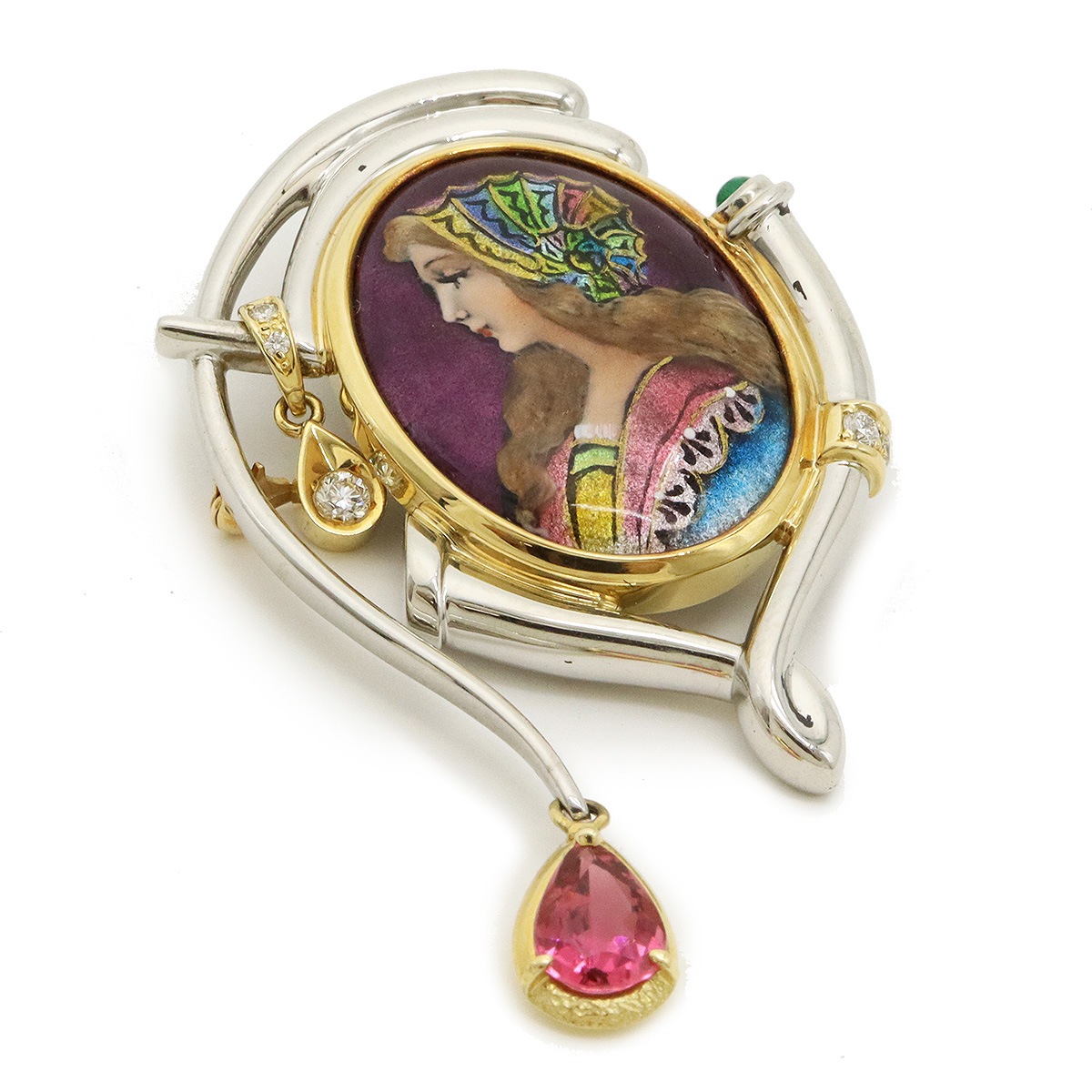 MITSUO KAJI 梶 光夫 エマーユミニアチュール ペンダント ＆ ブローチ 七宝 K18YG イエローゴールド Pt900 プラチナ ダイヤモンド ピンクトルマリン
