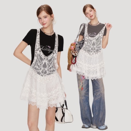 ハンドビーディングディテールパッチワークミニTシャツワンピースベスト2ピースセットアップ 9,906円
