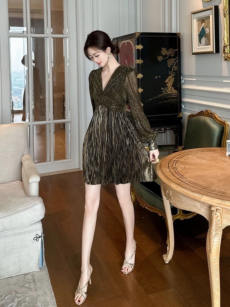 JY.上品 2024夏新品 Vネック ショートワンピース Aライン ハイウエスト ドレス パーティー キャバ 着痩せ 大人 同窓会 披露宴 卒業式 結婚式 演奏会 ウェディング 二次会 メガ割